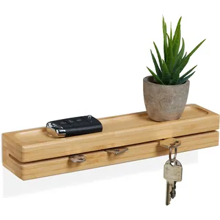 Relaxdays Schlüsselbrett, mit Ablage, Bambus, Breite: 29,5 cm, Schlüsselaufbewahrung Wandmontage, Natur