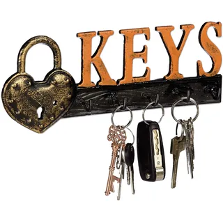 Relaxdays Schlüsselbrett, 5 Haken, Vorhängeschloss & Keys-Schriftzug, Gusseisen, Vintage, HBT 10x26x3 cm, orange/schwarz