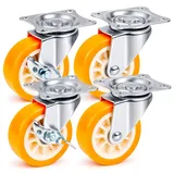 PRIOstahl Lenkrollen Möbelrollen Bremsrollen Schwerlastrollen Transportrollen - 4er SET: 2 Lenkrollen + 2 Lenkrollen mit Bremse 75mm Orange Rollen für Möbel Spurlos & Leise Premium Rollensatz