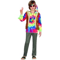 Fiestas GUiRCA Hippie Kostüm Jungen – 70er Jahre Outfit mit buntem Batik Oberteil, Weste und Hose für Jungen von 10-12 Jahren
