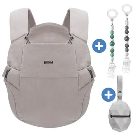 fillikid Babytrage Natural ab 3,5 -20 kg für Bauch-, Hüft und Rückentrageposition inkl. Silikon-Schnullerbox Diamant Hellgrau + 2er Set Schnullerketten Grau Grün - Grau