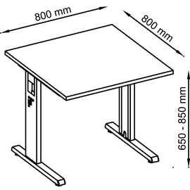 Hammerbacher höhenverstellbarer Schreibtisch eiche quadratisch, C-Fuß-Gestell silber 80,0 x 80,0 cm