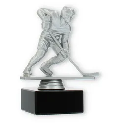 Pokal Kunststofffigur Eishockeyspieler silbermetallic auf schwarzem Marmorsockel 13,8cm
