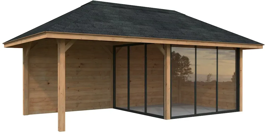 Palmako Pavillon Bianca 16,6 m2 Set 505 Slide Plus mit Isolierglas-Schiebetüren hellbraun tauchgrundiert