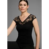 MELROSE Spitzenshirt MELROSE, Damen, Gr. 40, schwarz, Jersey, Obermaterial: 95% Viskose, 5% Elasthan. Spitze: 100% Polyester, unifarben, tailliert hüftbedeckend, V-Ausschnitt, Shirts, taillierter Schnitt, elastisches Material, mit Spitzenband