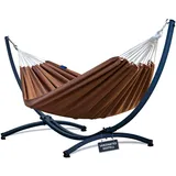 Potenza Outdoor Hängematte mit Verzinkter Gestell für 2 Personen I Baumwolle Doppelhängematte XXL 220x160, 200kg I Hängemattengestell 220kg, wetterfest (Toffee, Basic Gestell Graphit)