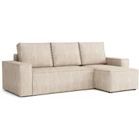 Ecksofa L Form Bergamo 240x142 cm mit Schlaffunktion und Bettkasten Couch Cord Schlafsofa Schlafcouch universale Seite klein Flur Sofa, 3 Sitzer Wohnlanschaft Cornersofa Bettsofa Kissen beige