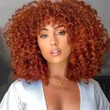 PORSMEER Lockige Afro Perücke Kupferrot Natürliche Kunsthaar mit Pony für Frauen Schulterlänge Afro Kinky Curly Bob Wig Volume für Schwarze Damen,14 Zoll Ingwer