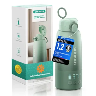 Wemoh Tragbarer Flaschenwärmer Baby für unterwegs mit Selbstreinigungsfunktion, Präzise Temperaturkontrolle & 450ml Große Kapazität, 100W Schnellaufwärmung für Muttermilch & Wasser Milchwärmer to go