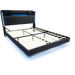 Merax Polsterbett, LED Schwebebett Doppelbett 160x200cm mit USB-Aufladen und Stauraum, grau
