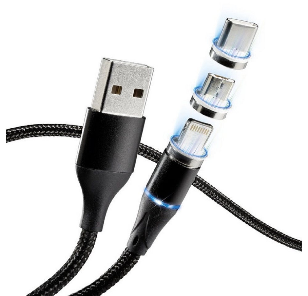 Kremer Magnetisches Schnelllade-Datenkabel 3in1 USB-C, iPhone, Micro-USB Smartphone-Kabel schwarz