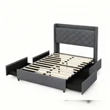 Costway Doppelbettgestell mit LED-Beleuchtung, Polsterbett mit Ladestation, 2 Aufbewahrungstaschen & 4 Schubladen