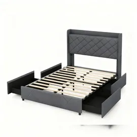 Costway Doppelbettgestell mit LED-Beleuchtung, Polsterbett mit Ladestation, 2 Aufbewahrungstaschen & 4 Schubladen