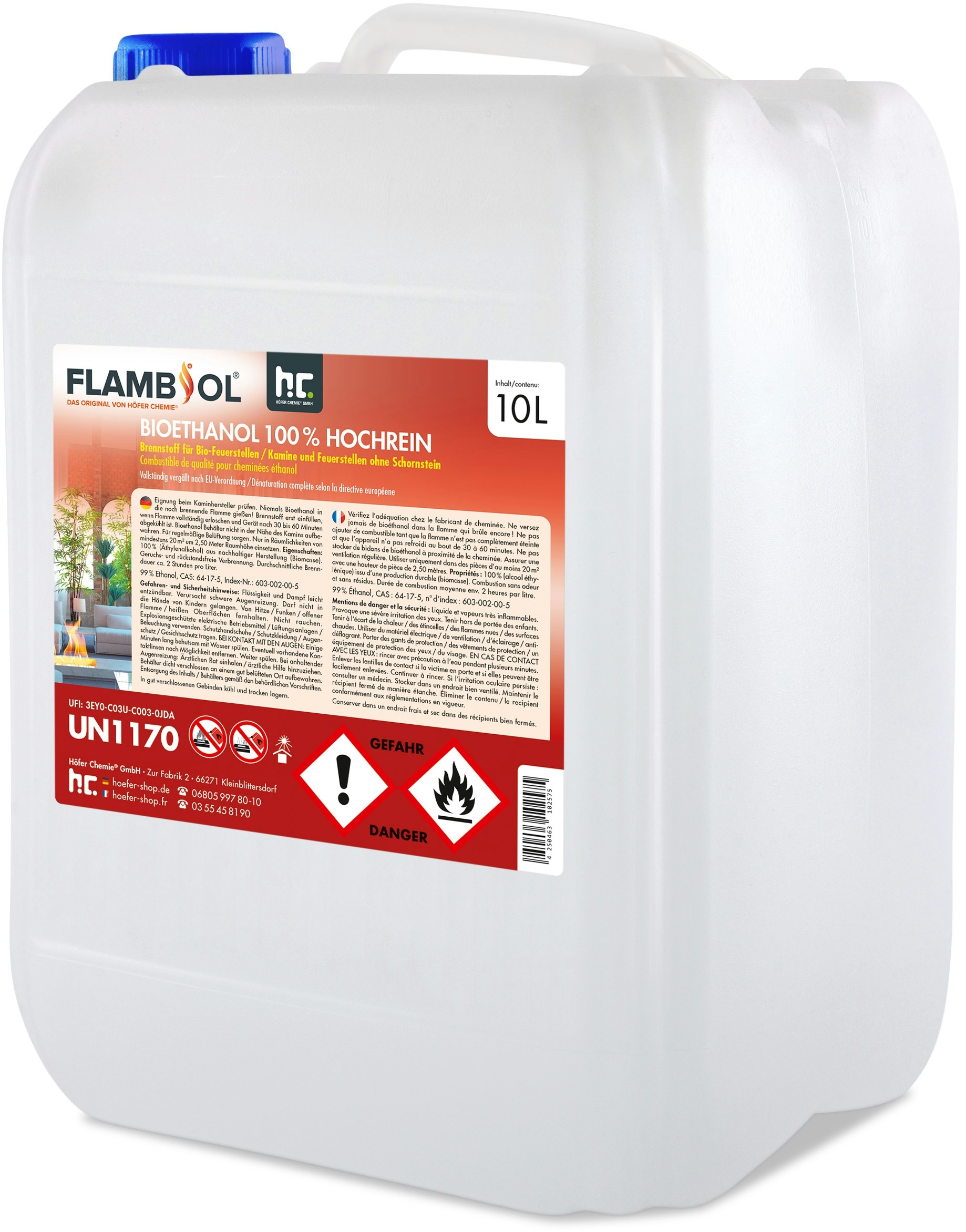 15 x 10 Liter FLAMBIOL® Bioethanol Hochrein 100 % saubere und geruchsfreie Verbrennung