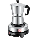 ZHDPYHDD Moka Pot 3 Tassen mit 500W Elektrischer Heizplatte, Edelstahl Espressokocher für Camping & Zuhause, Induktionsgeeignet, Geschenk für Kaffeeliebhaber