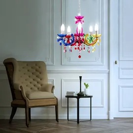 GLOBO Kronleuchter modern Pendelleuchte Schlafzimmerleuchte 5 flammig, Kristalle bunt, Metall Acryl, 5x E14, DxH 44 x 128 cm