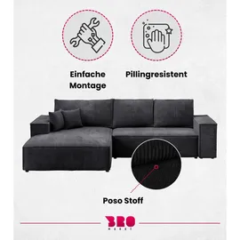 bromarkt Ecksofa PABLO Schlaffunktion Bettkasten L-Form 294x185x85cm Schwarz Links - Schwarz