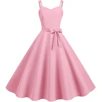 Damen 50er Jahre Vintage Kleid Spaghettiträger Rockabilly Midikleid Swing Prinzessin Teeparty A Linie Audrey Hepburn 50er 60er Jahre Party Tanzkleid mit Gürtel Rosa S - S