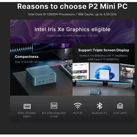 bosgame P2 Lite Mini PC 2023 4K Ultra HD Intel Core i5-12600H 4,5 GHz 32 GB RAM 512 GB SSD Intel Iris Xe Graphics Windows 11 Pro