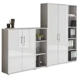BMG Möbel Schrankwand Office Edition abschliessbarer Aktenschrank Büroschrank Büromöbel Regal in Lichtgrau/Weiß Hochglanz (Set 4)