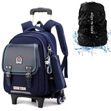 Schulrucksack mit Rollen Jungen Trolley Schultasche Kinder Teenager Rucksack mit Rollen Teens England-Stil Trolley Schulranzen Blau Navy Kostenloses Stifteetui 20x32x43cm