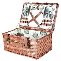 Zolta Picknickkorb 4 Personen - Korb mit Deckel - Weidenkorb mit Picknick Geschirr - Weiß und Grün, Blattmotiv