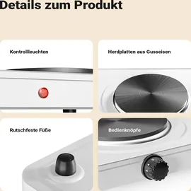 Wiltec Doppelkochplatte Kochplatte elektrisch mit Thermostat und Überhitzungsschutz Camping Herdplatte aus Gusseisen Elektro Kochplatte