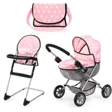 Bayer Design 13730AB Set Puppenwagen faltbar, Softer Griff, mit Tasche, Hochstuhl, Rosa, Grau