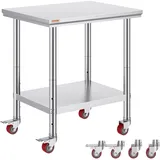 Vevor Arbeitsplatte 76 x 60 x 85 cm, Gastronomie-Arbeitsplatte aus Edelstahl, Essenszubereitungstisch auf Rollen, Küchenbar, gewerbliche Arbeitsplatte, 4 verstellbare Füße
