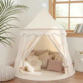 LIONHERZ® DAS ORIGINAL Spielzelt für Kinder, atmungsaktiv aus Baumwolle&Hanf | Märchenschloss mit Fiberglasstangen und Tragetasche | stabiles Tipi Jungen Mädchen (Cremeweiß, ohne Zubehör)