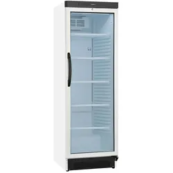 Vertikale weiße Ausstellungskühlvitrine 372 Liter mit Glastür für die Gastronomie. Gekühlter Flaschenkühlschrank für Getränke.