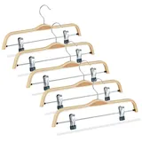 Relaxdays Hosenbügel Holz 5er Set, verstellbare & gummierte Clips, 360° drehbarer Haken, Kleiderbügel, 37cm breit, Natur