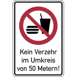 Verbotsschild, Kombischild, Kein Verzehr im Umkreis von 50 Metern!, Aluminium - 300 x 400 x 2 mm Aluverbund