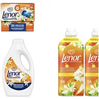 4tlg. Lenor Wohlfühl Orange Weichspüler | Pods | Waschmittel + 3tlg. EK-Set Weiß