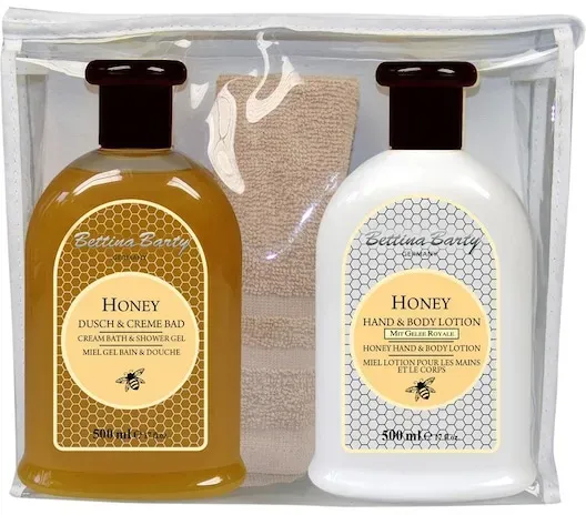 Bettina Barty Pflege Honey Geschenkset Dusch & Creme Bad 500 ml +  Hand & Body Lotion 500 ml + Handtuch