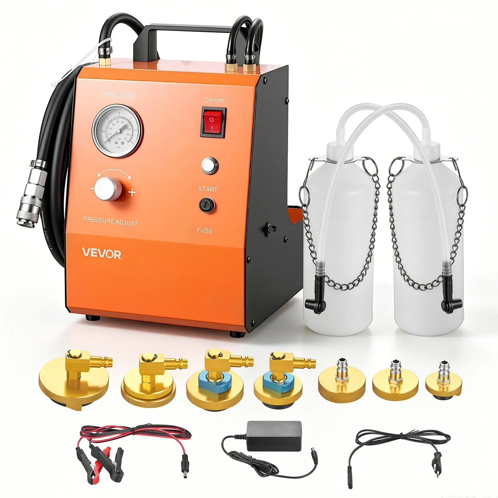 VEVOR Elektrisches Bremsenentlüftungsset Automatisches Bremsflüssigkeits-Entlüftungsgerät mit 7 Hauptbremszylinderadaptern zwei Netzteilen 0,6-3 bar Bremsdruck-Entlüftungspumpe für Viele Pkw