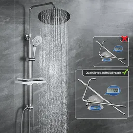 dylin gmbh JOHO Regendusche Duschsystem ohne Armatur, Rain Shower Duschset Überkopfbrauseset aus Edelstahl mit Ablage Chrom(Kopfbrause D20 Rund) - Silber