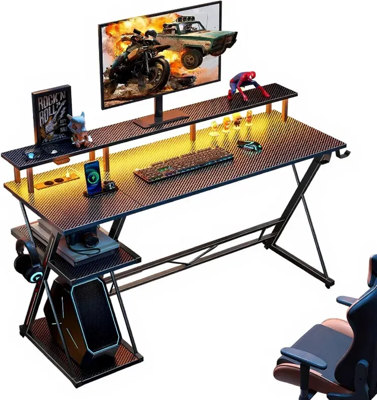 SEVEN WARRIOR Geradliniger Gaming-Schreibtisch mit CPU-Ständer - 140cm - carbon fiber schwarz