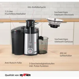 Grafner Express Entsafter Juicer 400 Watt, 3 Geschwindigkeitsstufen, silber/schwarz