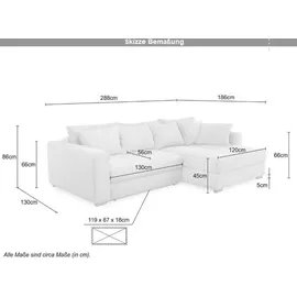 luma-home schönes für dein zuhause Dauerschlaf-Ecksofa mit Federkernpolsterung 288x186 cm, Federkern Bettkasten, Ottomane beidseitig montierbar, Cord Beige Grau / 15154