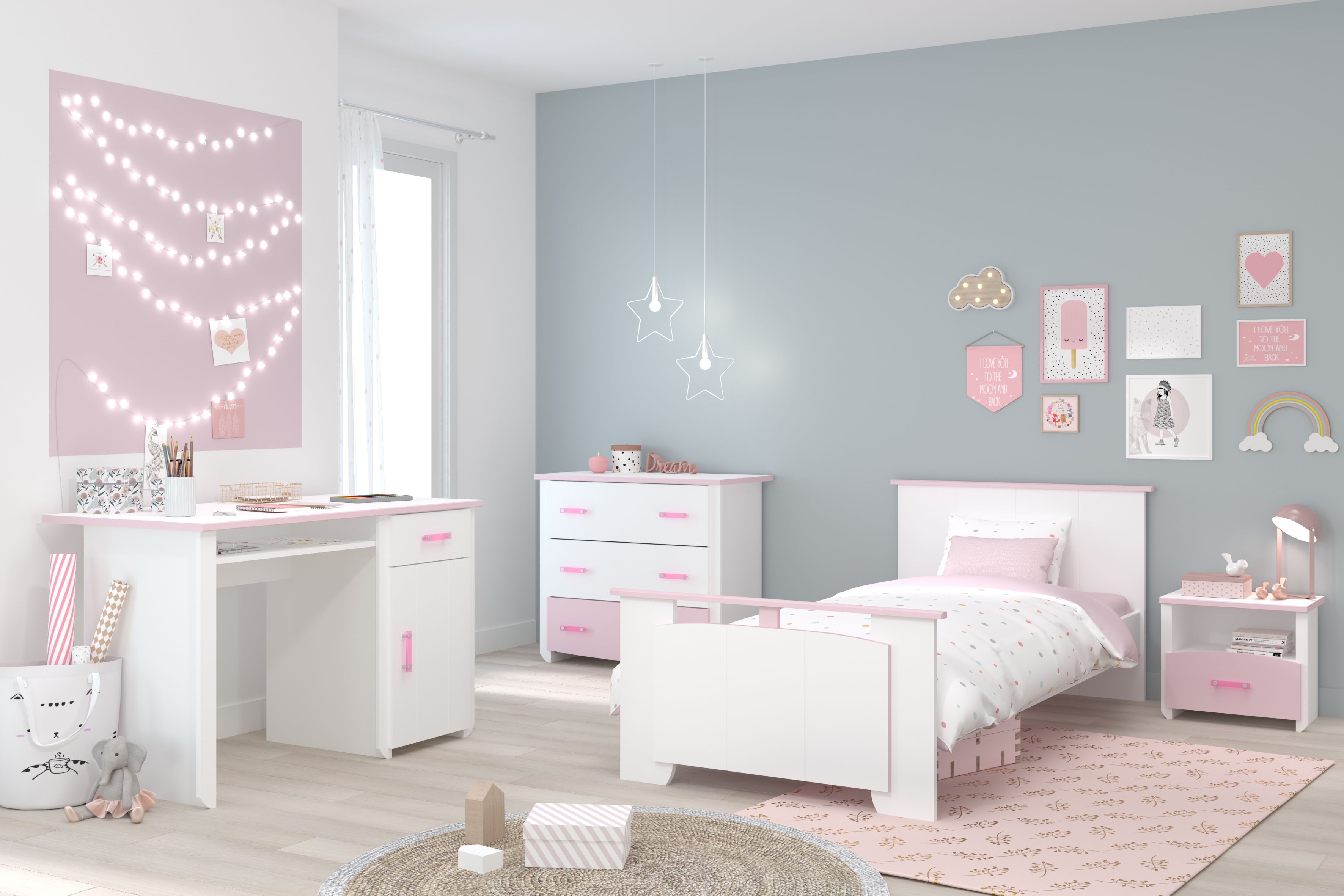 Parisot Jugendzimmer-Set »Biotiful«, (4 St., Bett, Nachttisch, Schubkastenkommode, Schreibtisch) Parisot weiß/rosa