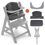 hauck Hochstuhl Alpha+ - Mitwachsender Holz-Kinderhochstuhl, höhenverstellbar, mit Sitzkissen, Schutzbügel & Gurt ab 6 Monaten - Grau