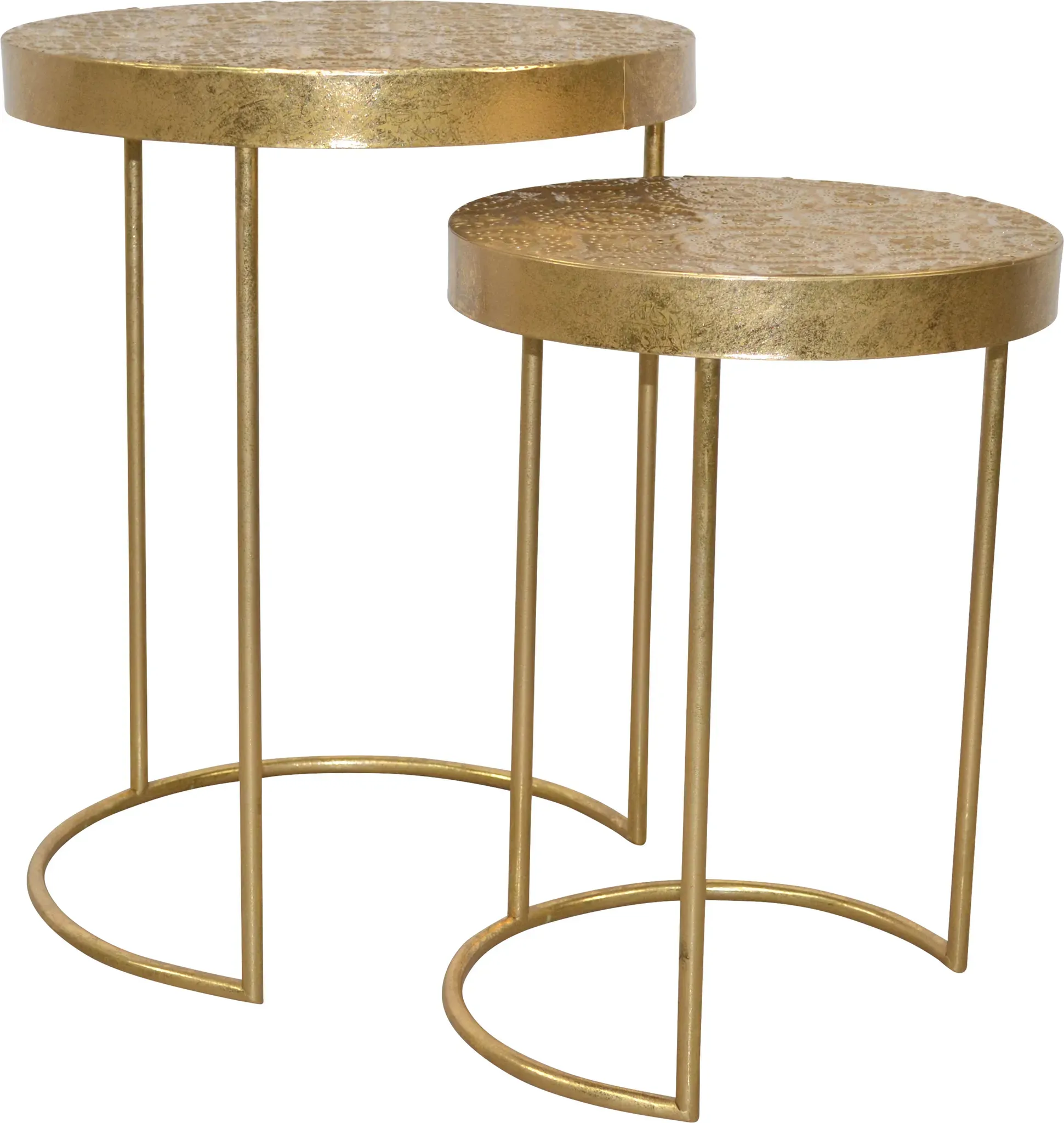 Beistelltisch INOSIGN, gold (goldfarben, goldfarben, goldfarben, 66), B:50cm H:66cm T:50cm, Extravagant, vielseitig einsetzbar und pflegeleicht: Mit diesen Attributen punktet der Beistelltisch im 2-er Set. In dem Möbel-Set sind zwei runde Tische enthalten, die unterschiedlich hoch sind. Aufgrund der Bauart des Gestells kann der kleinere unter den großen Tisch geschoben und so platzsparend verräumt werden. Die Optik der Kleinmöbel ist durch die extravagante Gestaltung in goldfarbenem Metall geprägt. Die Tischplatten sind mit einem romantischen Muster verziert. Du kannst die Tische als Beistelltische neben einem Sofa oder Sessel verwenden, um hier Getränke abzustellen. In einem kleinen Wohnzimmer lässt sich das Möbel-Set auch als Wohnzimmertisch verwenden. Dieser Beistelltisch im 2-er Set ist vielseitig kombinierbar., Tische