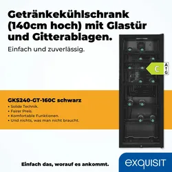 Exquisit Glastürkühlschrank GKS240-GT-160C schwarz | Nutzinhalt: 237 L | Türschloss | 6 Gitterablagen | Umluftventilator | Standgerät