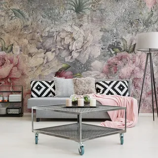 Muralo VLIES FOTOTAPETE 312x219 TAPETE Wandtapeten Blumen Pfingstrosen Beton Vintage 3D Wohnzimmer Schlafzimmer Moderne Wandbilder XXL Wand Dekoration Abstrakt Luxus Br. 312 cm x Hö. 219 cm