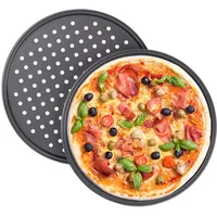 Relaxdays Pizzablech, 2er Set, rund, gelocht, antihaft, Pizza & Flammkuchen, Carbonstahl, Knusperblech, ∅ 32 cm, grau,