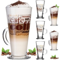 PLATINUX Latte-Macchiato-Glas Kaffeegläser mit Kaffee-Motiv, Glas, mit Griff Set 6-Teilig 200ml (max. 280ml) Glas Latte Macchiato Gläser weiß