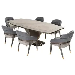 Casa Padrino Luxus Esszimmer Set Blau / Grau / Gold - 1 Luxus Esstisch & 6 Luxus Esszimmerstühle - Esszimmer Möbel - Luxus Möbel - Luxus Einrichtung