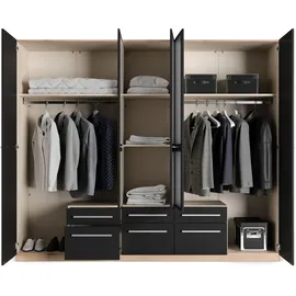 Priess Kleiderschrank PRIESS "Schrank Garderobe Wäscheschrank Barcelona in 5 Breiten", braun (eichefarben artisan, schwarz), B:230cm H:193cm T:54cm, Holzwerkstoff, Schränke, Kleiderschrank, viel Stauraum, geräumige Schubkästen, mit Spiegel, MADE IN GERMANY