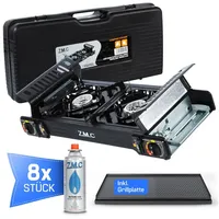 ZMC Gaskocher PREMIUM Butan Gaskocher Campingkocher 2-flammig + Gaskartuschen 227g, (Doppel Kartuschenkocher mit Zündsicherung, mit Piezozündung, Wärmeleistung: 2,0KW), für Outdoor und Innenraum, Gasherd Kochfeld Gas Kocher Herd PREMIUM Gaskocher + Grillplatte + 8x Gaskartuschen